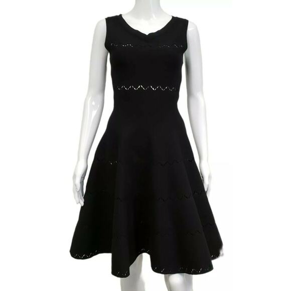 ALAIA Black Wool Blend Knit V-neck Cutout Skater Short Dress Size 40 US 8 New - Picture 1 of 8